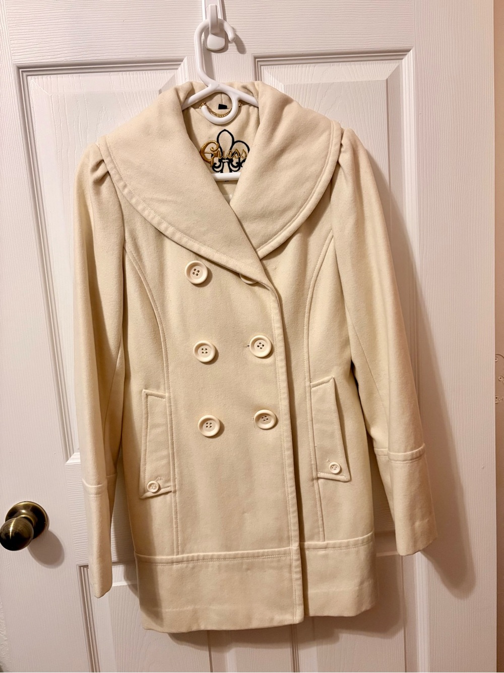 Guess Cream Double-Breasted Women’s Wool Peacoat
